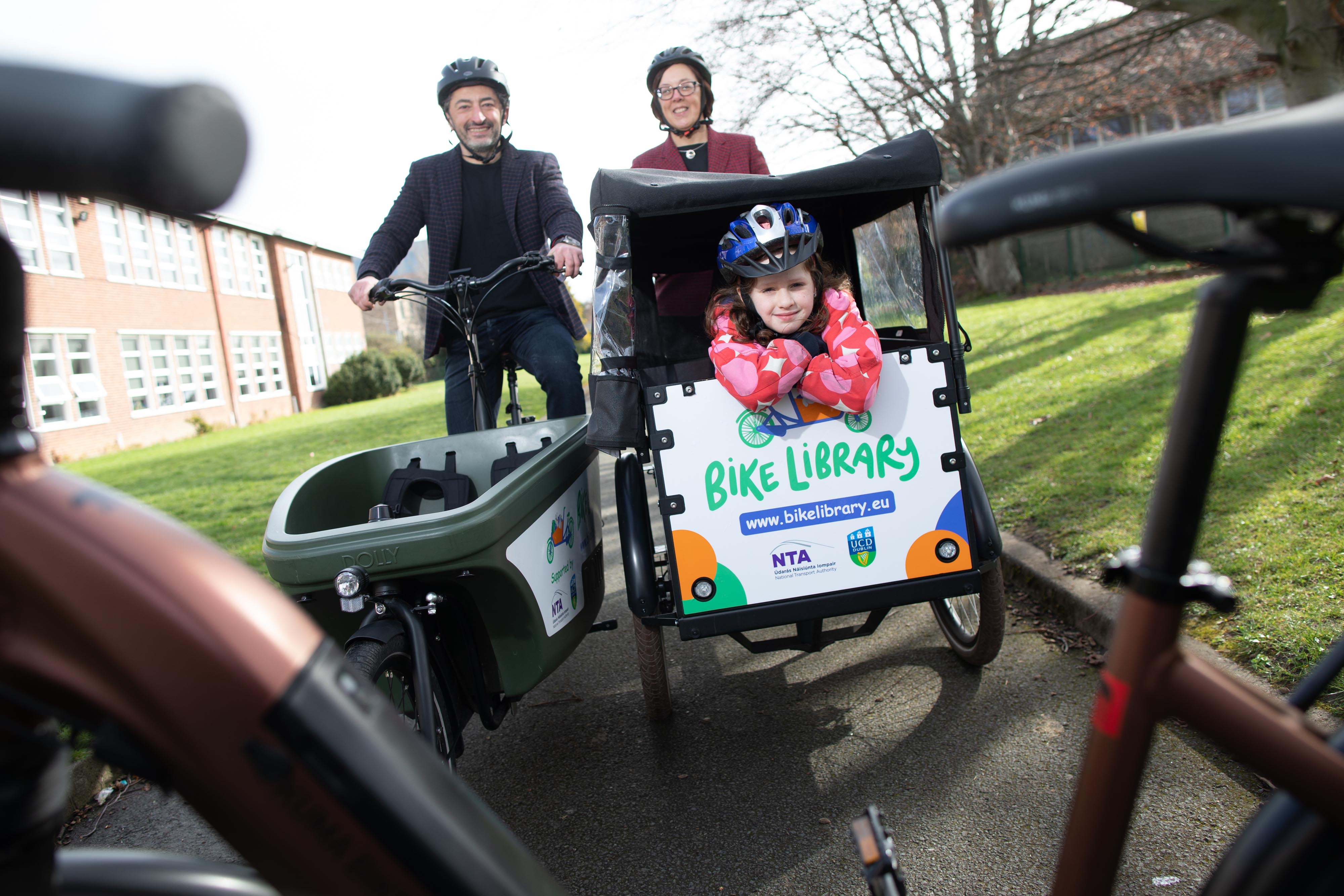 Anne Graham, Professor Francesco Pilla and Kaori McNulty (student at Assumption Senior National School, Walkinstown) at the launch of the Bike Library project.